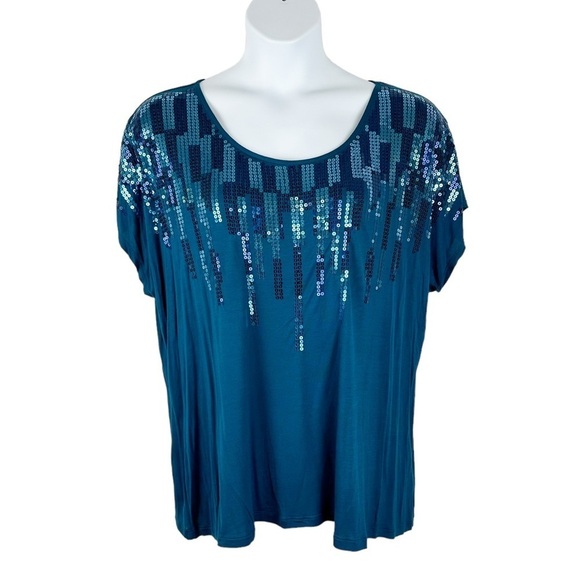 Short Sleeve Teal Blue Sequin Drizzle Tee Size 2X - Picture 1 of 8
